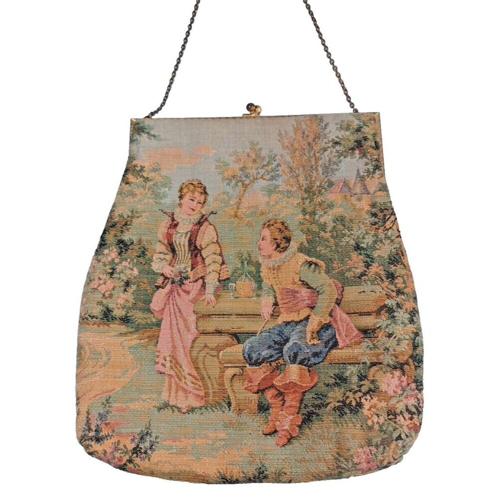 Antique Aubusson Victorian Tapestry Purse Romantic Couple Kisslock Handbag - Picture 5 of 11